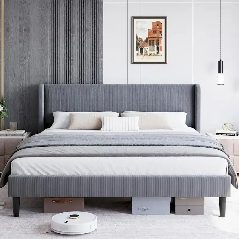 Wooden Bed Frame with Upholstered Headboard