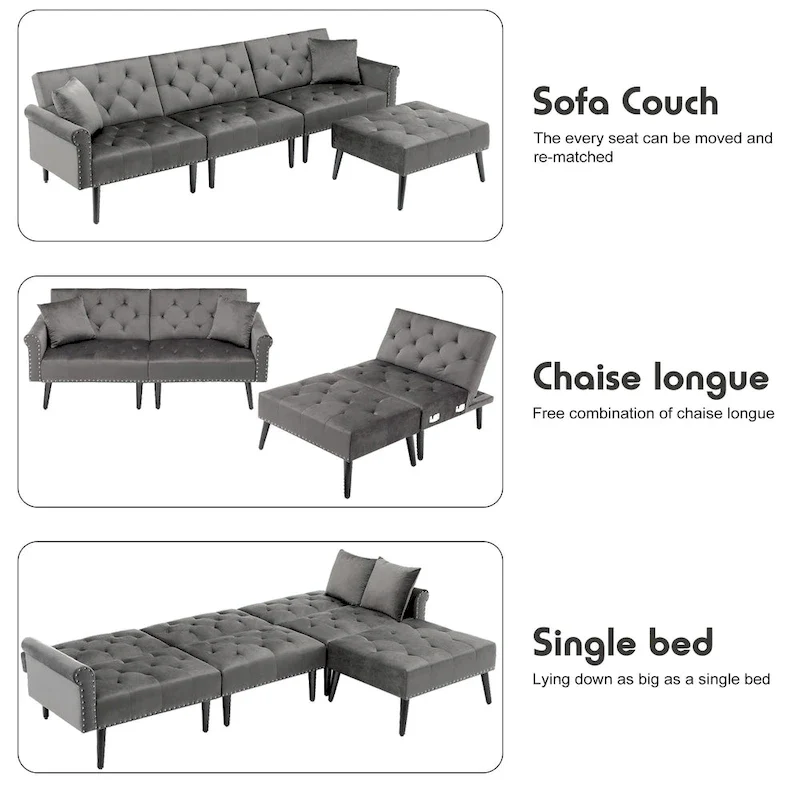 Convertible Velvet Sofa Couch, Sectional Sofa with Ottoman, Mid-Century Futon Sofa Bed - 32D x 100.7W x 29.9H