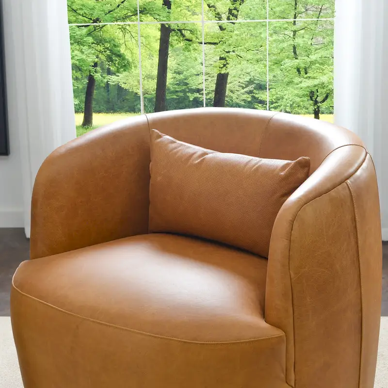 KINWELL Modern Top Grain Genuine Leather Swivel Armchair with Pillow