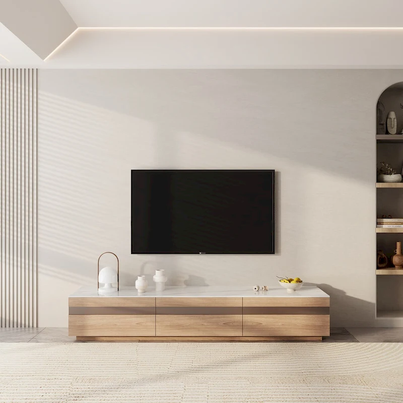 Modern Light Wood TV Stands, Glossy Stone Table-top, 3-6Drawers, Fully Assembled