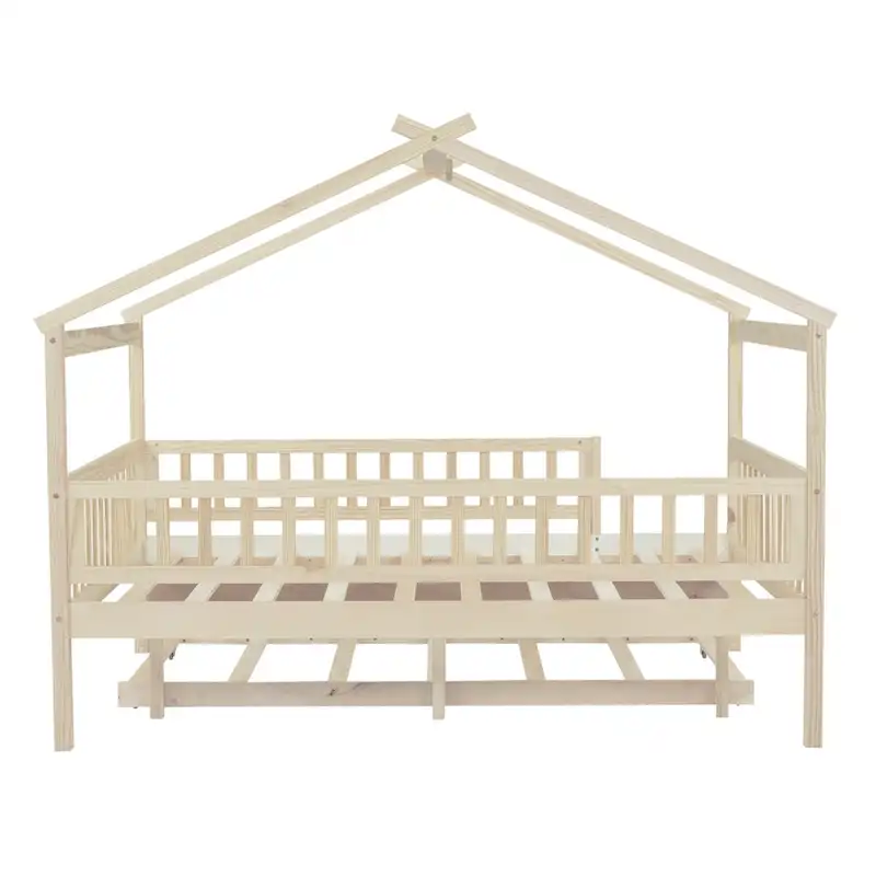 Full Pine House Bed with Twin Trundle, Guardrail