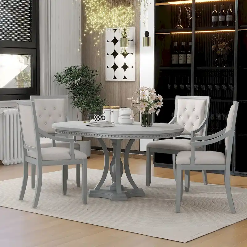 5-Piece Dining Set Extendable Round Dining Table and 4 Upholstered Back Chairs for Kitchen Dining Room