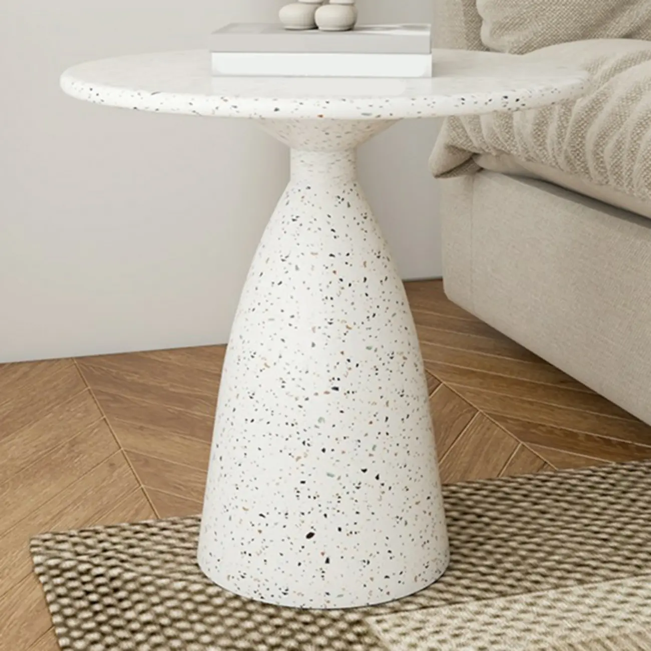 Modern Round Beige Metal End Table for Living Room