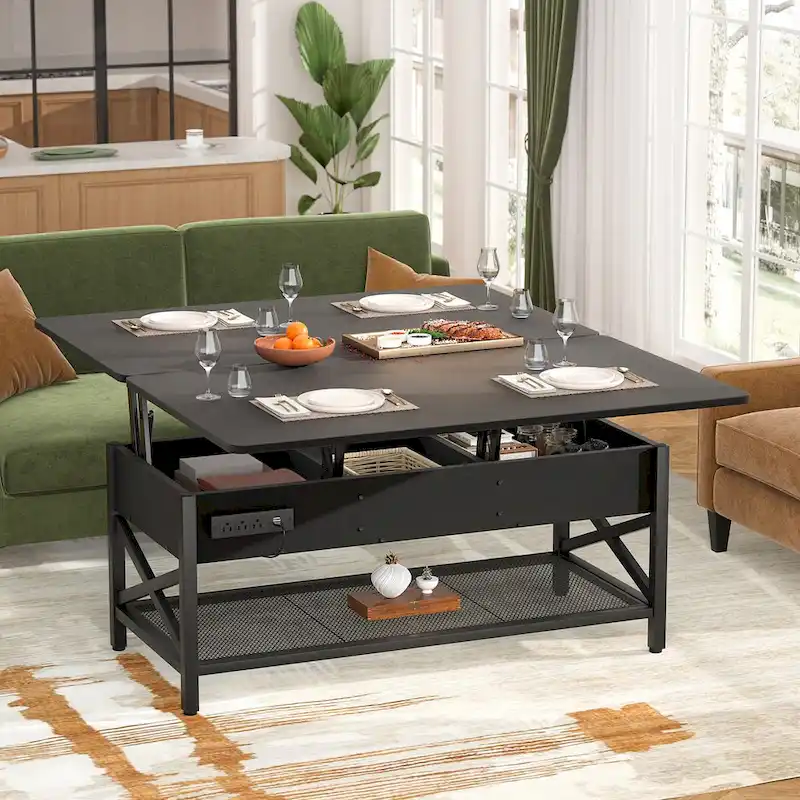 Modern Black Expandable Lift Top Coffee Table Converts to Dining Table with LED Light and Power Outlet