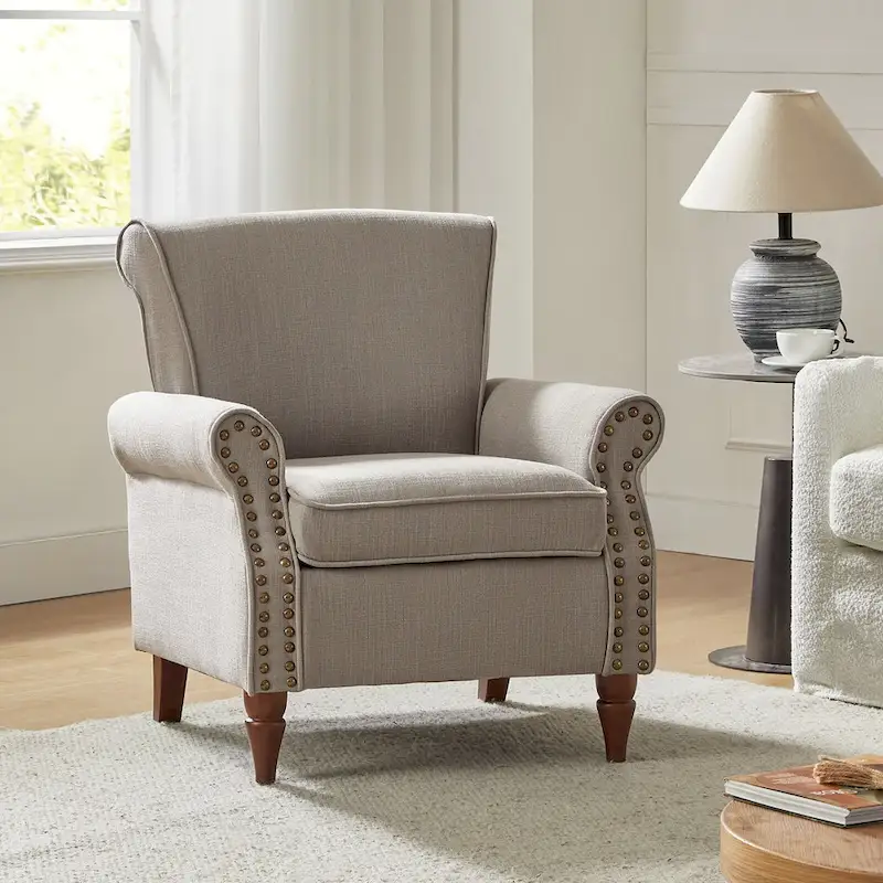 Upholstered Comfy Accent chair with Turned Wooden Legs and Nailhead Trim Set of 2 by