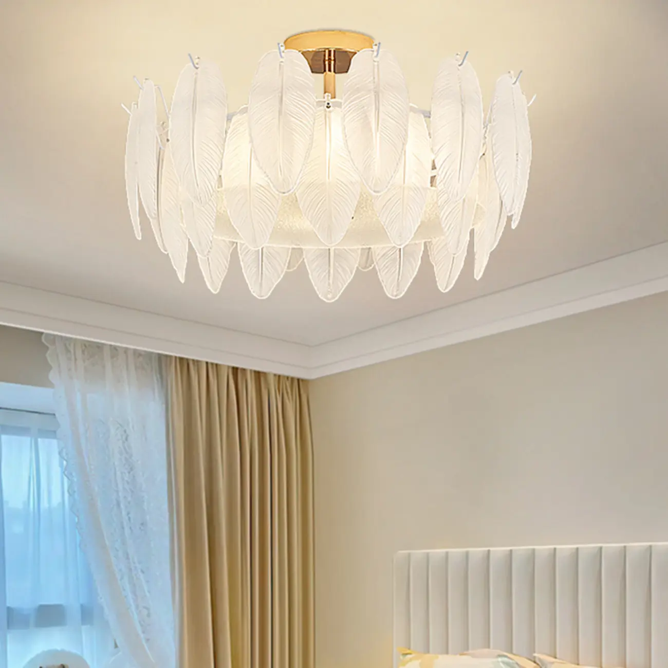 Modern Elegant Feather Glass Semi Flush Ceiling Light