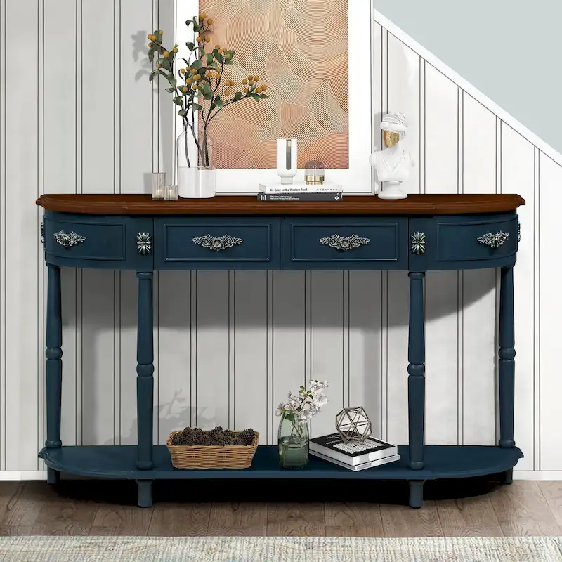 52 inch Circular Half Moon Sofa Table with Open Shelf and 2 Drawers