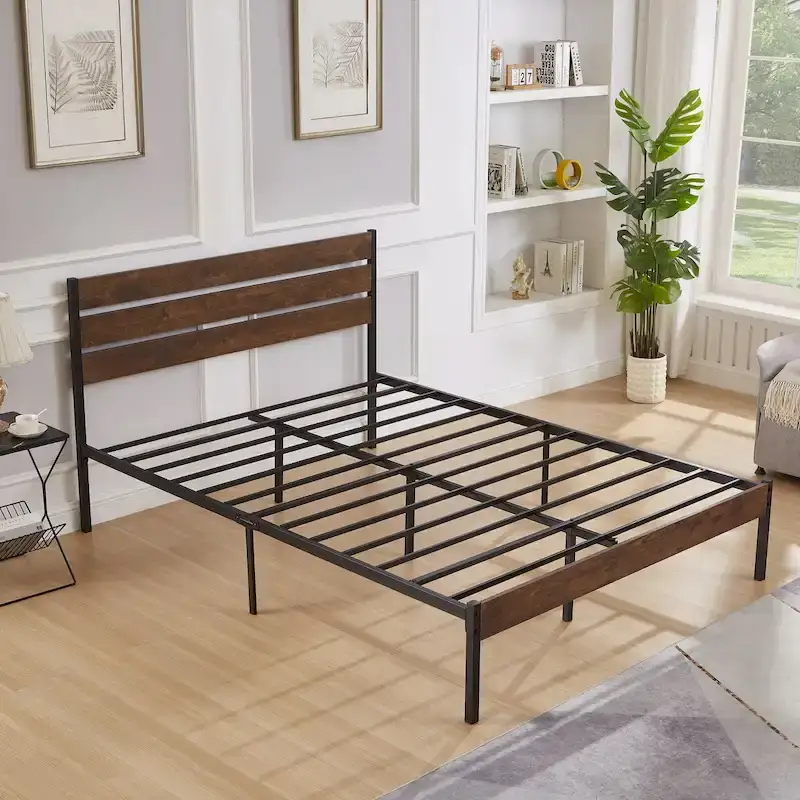 Metal Platform Bed Frame with Headboard and Under-Bed Storage