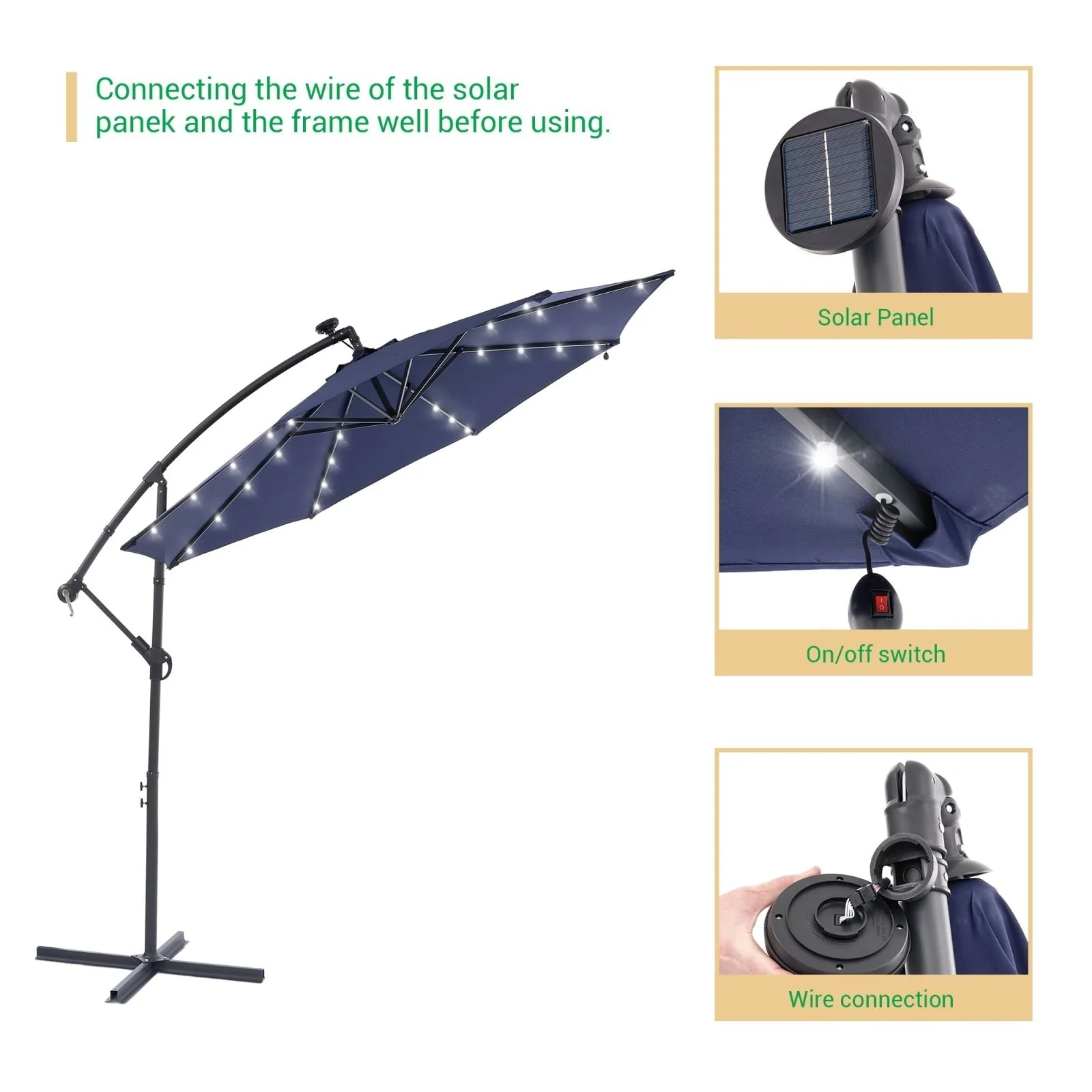 LIVOOSUN 10ft LED Patio Offset Umbrella With Cross Base