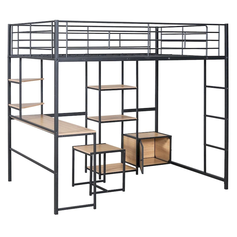 MERAX Full Size Loft Bed with Desk and Stool