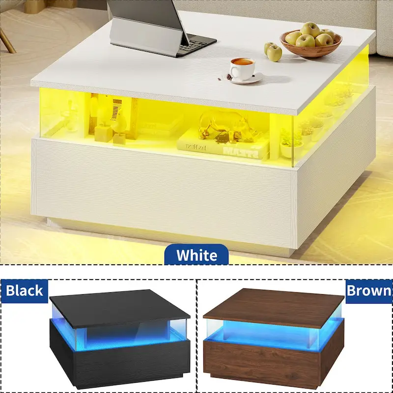 Moasis Modern Square Coffee Table with Drawers & LED Light, Acrylic and Wood Center Table