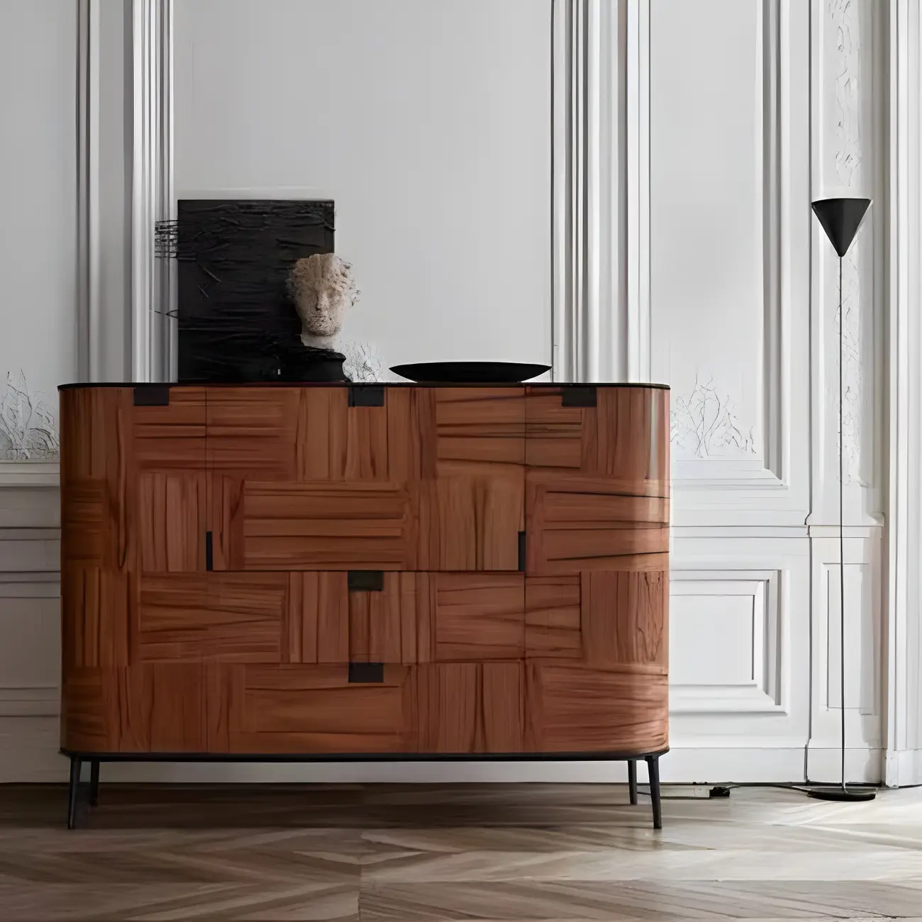 Brown Wooden Sideboard Cabinets with Stone Countertop