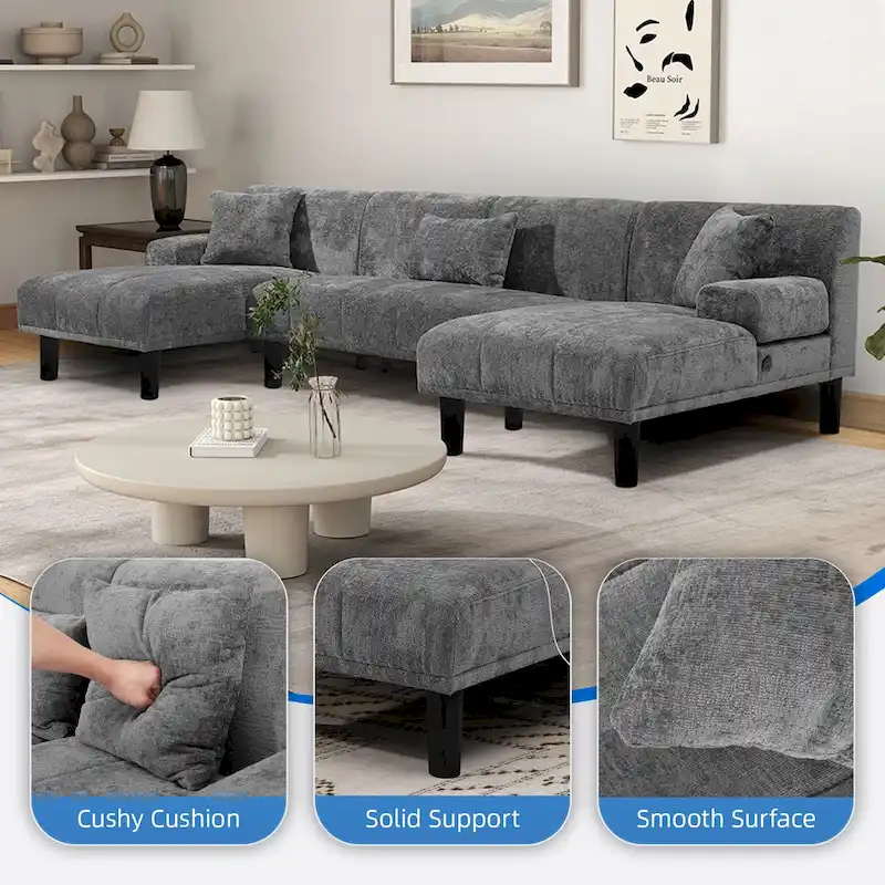 Moasis Sectional Couches U Shaped Sofa Chenille Modern Modular Couch - 45.6W x 106.3L x 26.7H