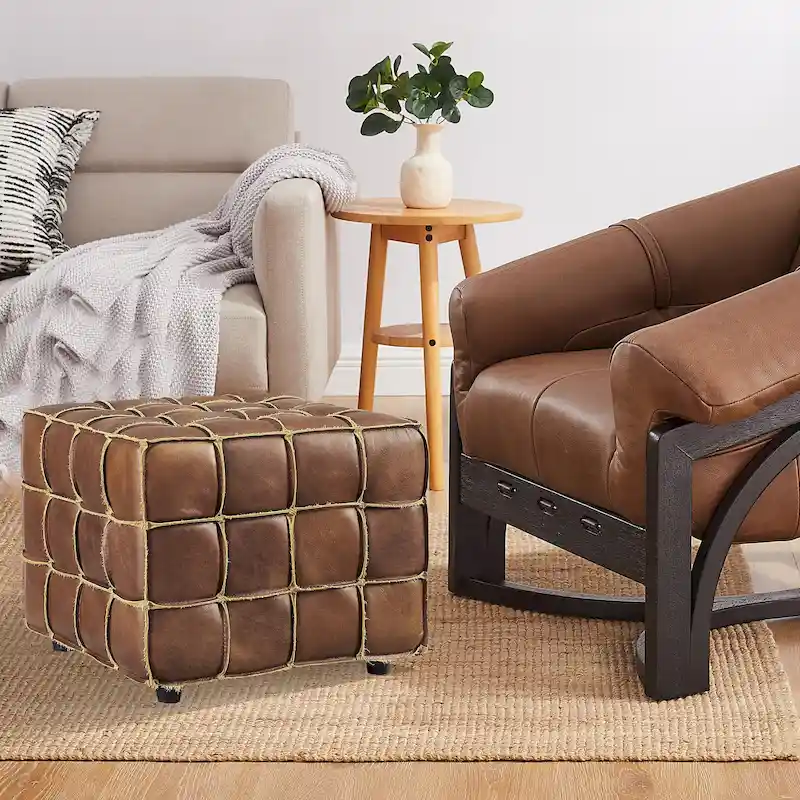 Art Leon Top Grain Leather Square Pouf Ottoman