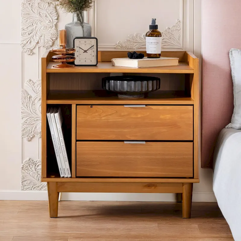 Mid-Century Modern Solid Wood 2-Drawer Gallery Nightstand