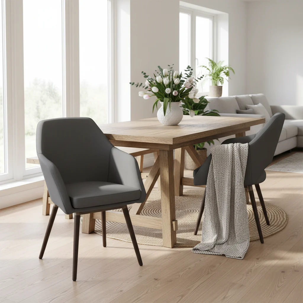 2-piece Grey Faux Leather Arm Chair Set with Beech Legs