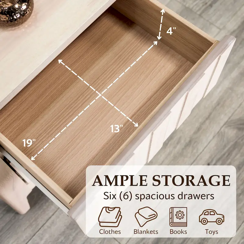 Mid-Century Modern Off-White Solid Wood 6-Drawer Double Dresser