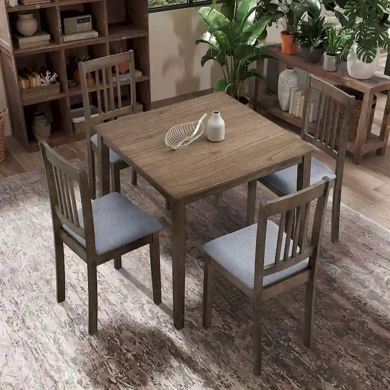 Kitchen Breakfast Nook Dining Table Chairs Set Square Wooden Dining Table Casual Dining Table with 4 Upholstered Dining Chairs