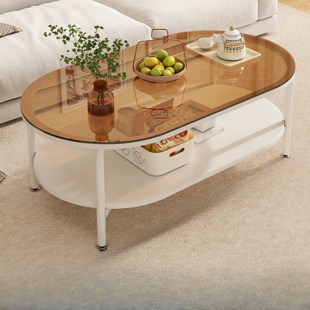 Modern White Rectangle Glass Coffee Table with Shelf
