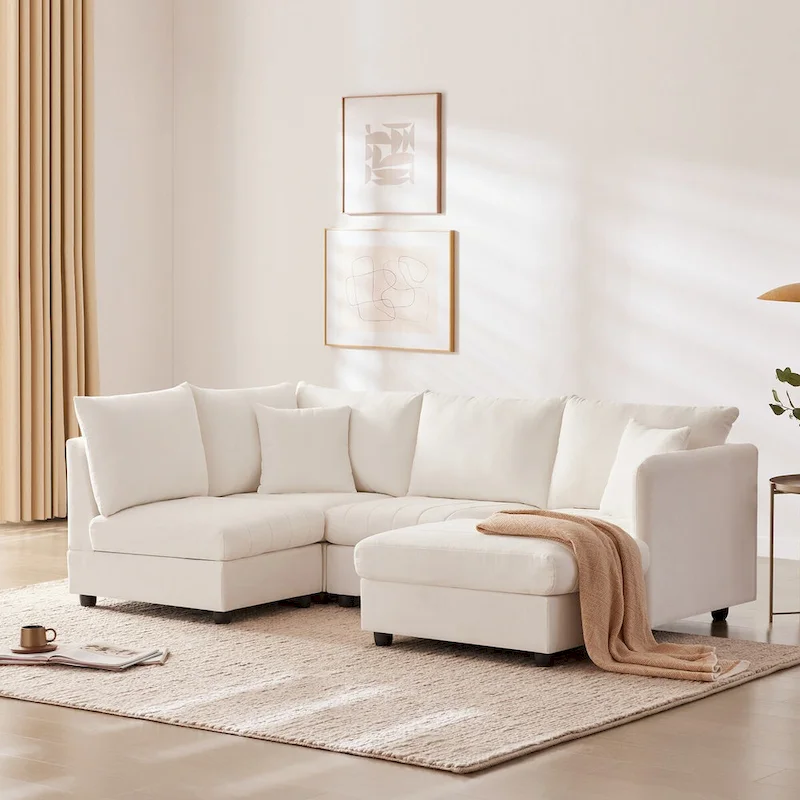 Modern 5-Seat L-Shape Sectional Sofa with Vertical Stripes, 2 Pillows, Convertible Ottoman