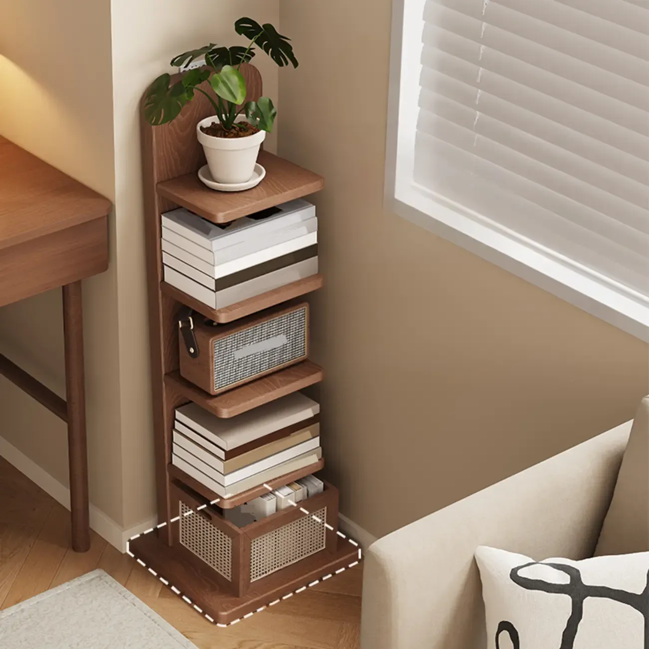 Narrow Wooden Multi-Shelf Closed Back Ladder Bookshelf