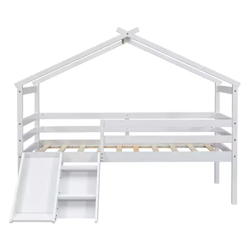 Whisen 81.7L x 67.6W Twin Low Loft House Bed with Slide, Ladder, Safety Guardrails, House Roof Frame