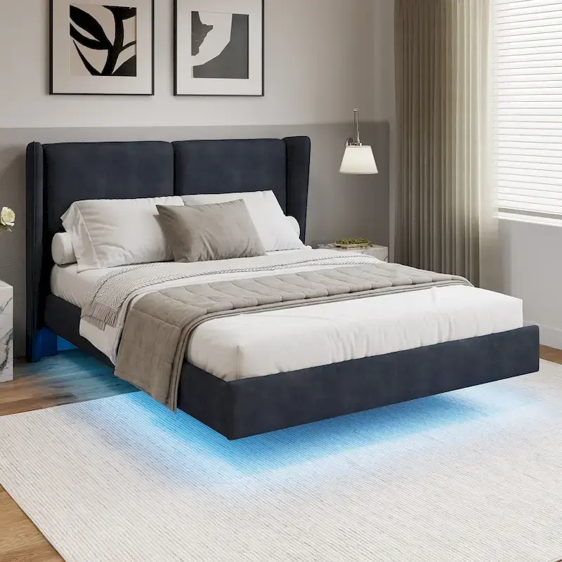 Queen Velvet Floating Platform Bed with LED Lights & 6 Storage