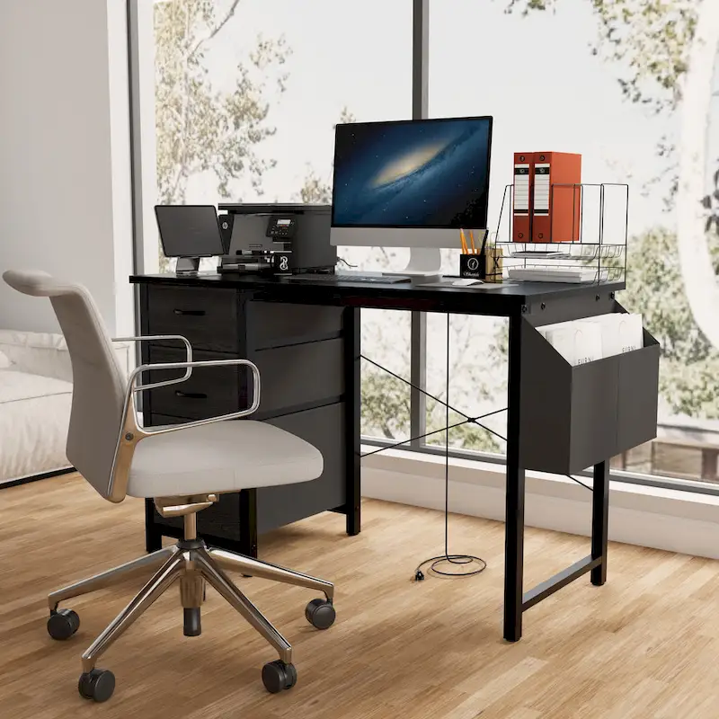 47 Office Desk, Modern Reversible Study Writing Desk Workstation With Hutch, 3 Drawers, Power Outlets And Side Pockets
