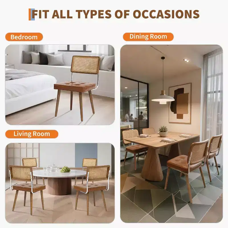 Modern Dining Chairs Set of 2, Upholstered Natural Rattan Kitchen Chairs Accent Chair, Armless Side Chairs with Upholstered Velvet Fabric
