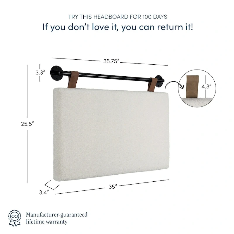 Charlie Wall Mount Boucle Upholstered Padded Headboard, Adjustable Height with Metal Rail