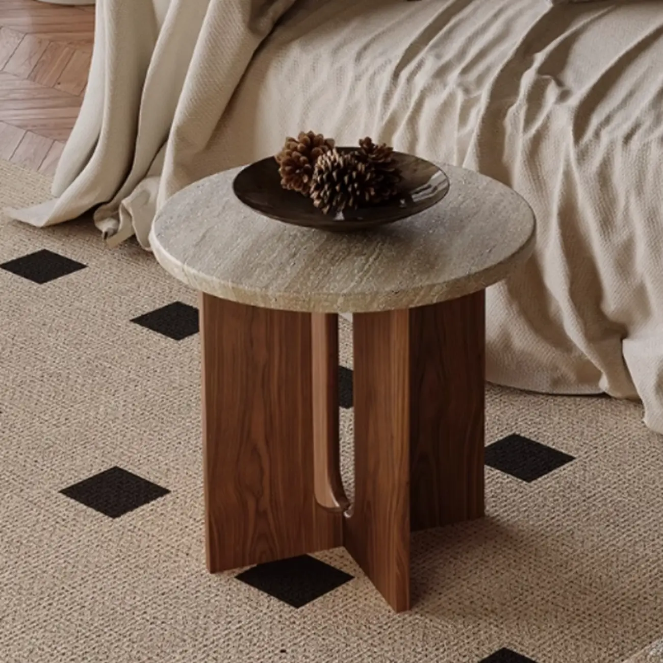 Modern Travertine TOP Round Accent Table with Wood Base