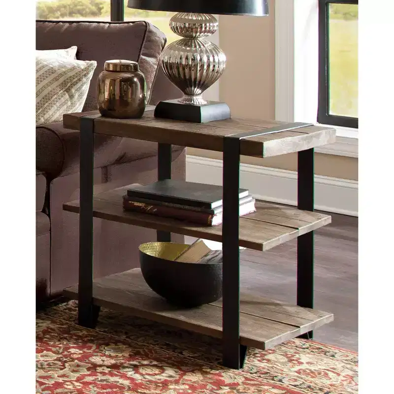 27" Modesto Wide 2 Shelf End Table with Metal Strap, Wood - Alaterre Furniture: Rustic Industrial Design, Black Frame