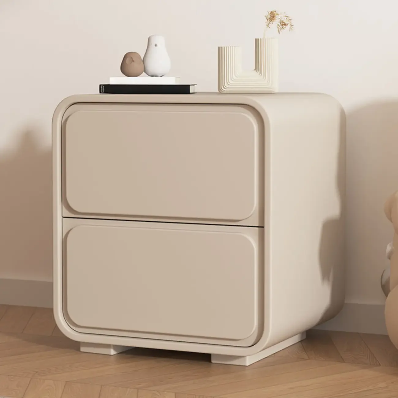 Modern Bedside Table with 2 Drawers - Beige Nightstand