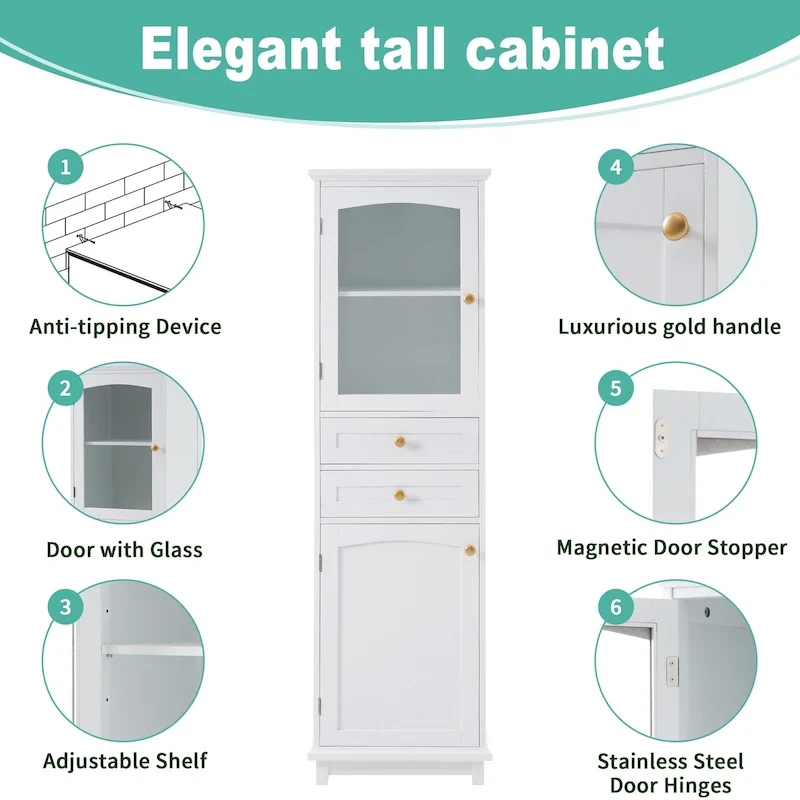Tall Bathroom Storage Cabinet with Glass Doors