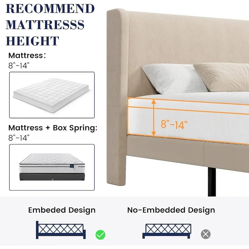Upholstered Wingback Bed Frame with Velvet Headboard