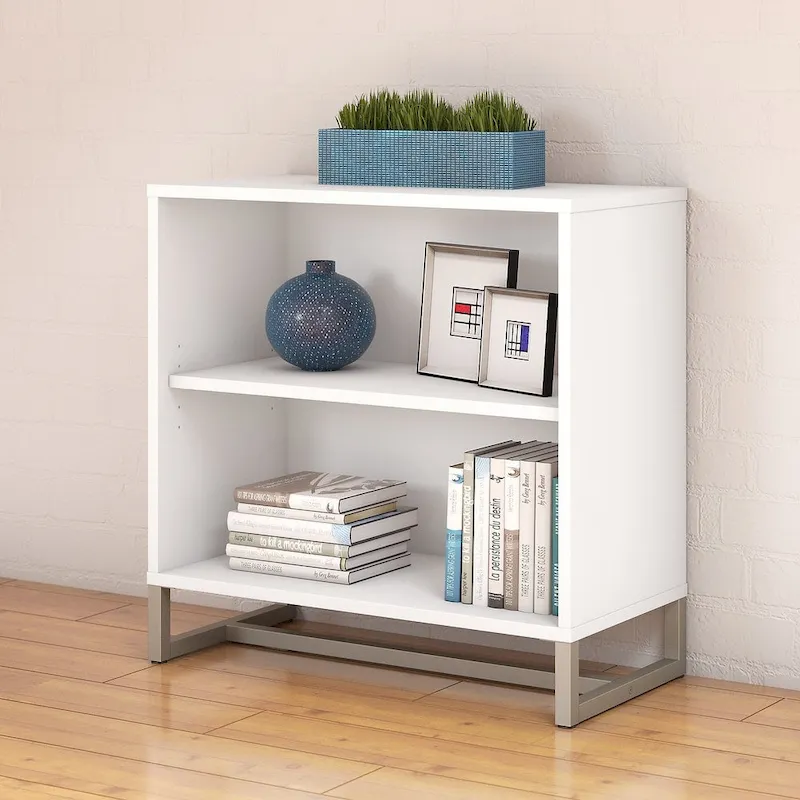 Grey / Tan / White / Taupe / Brown 2-Shelf Bookcase Cabinet with Metal Base