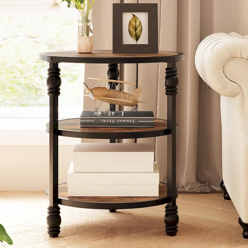 End Table 3-Tier Round Side Table Living Room Accent Table with Storage Shelf