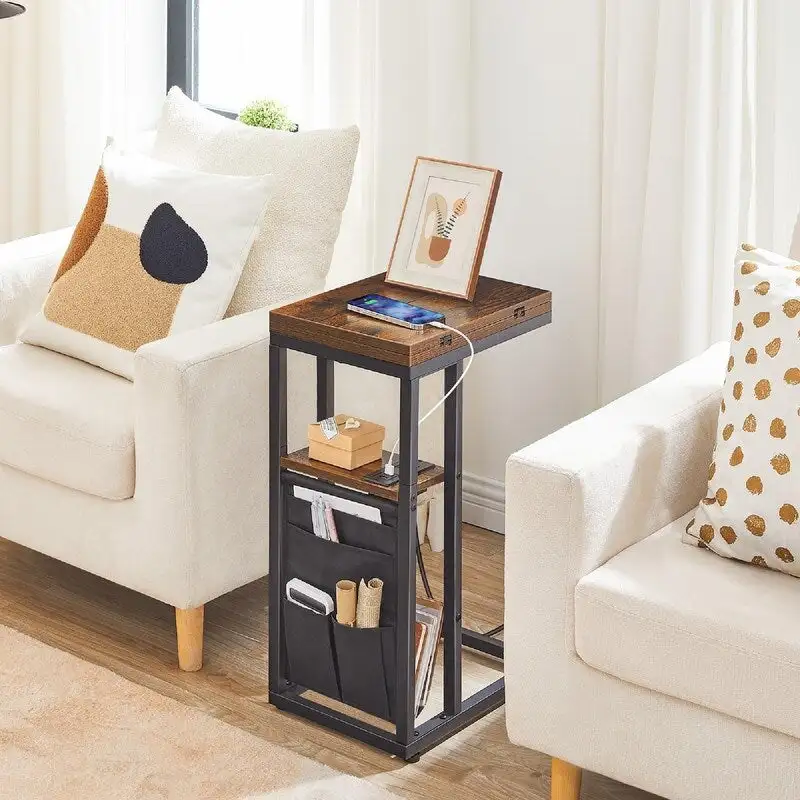 C-Shaped Side Table with Charging Station, Rustic Brown + Black, for 1 Person