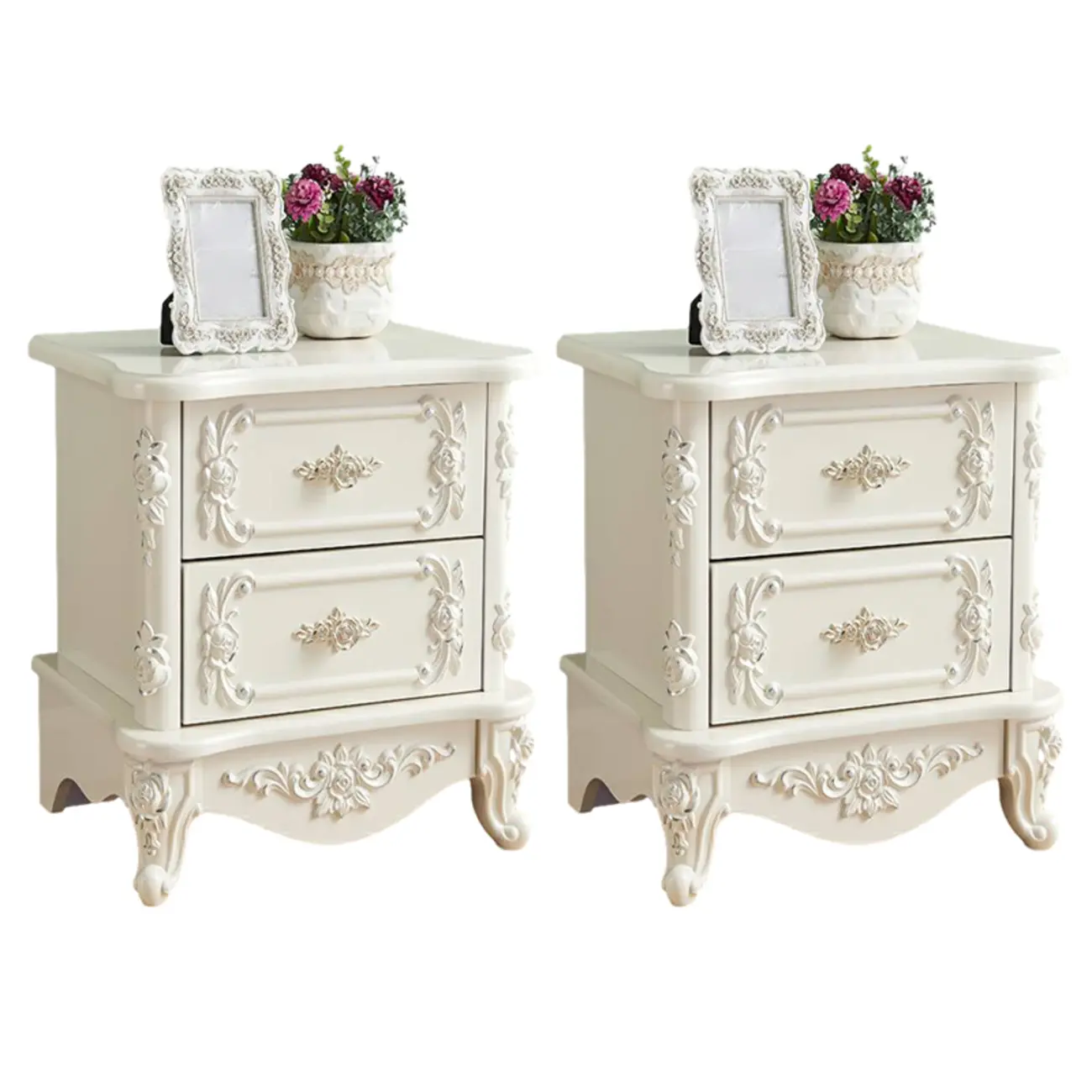 Traditional White Wood Carved 3-Drawer Nightstand