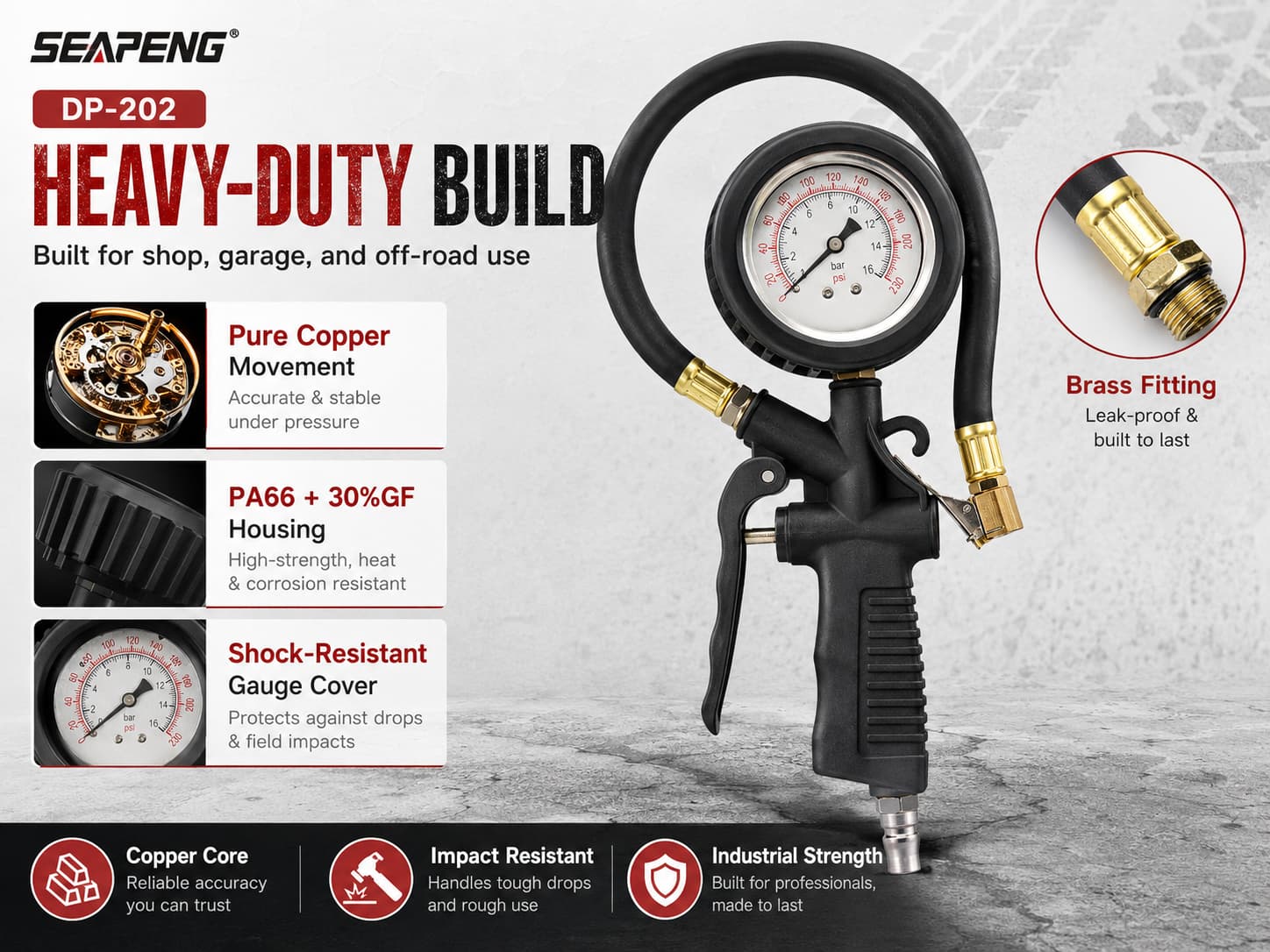 SEAPENG DP-202 Liquid-Filled Tire Pressure Gauge, 0-230 PSI