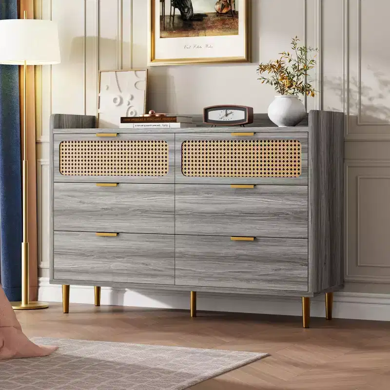 TROPOW Dresser TV Stand with Railed Edge, 6 Drawer Double Dresser, Mid Century Modern Gold Closet Dresser with High Legs, Rattan Design, Large
