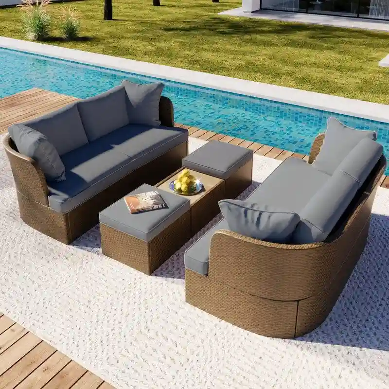 5 Pieces Outdoor Patio Furniture Set, Wicker Sofa Set with Thick Cushions