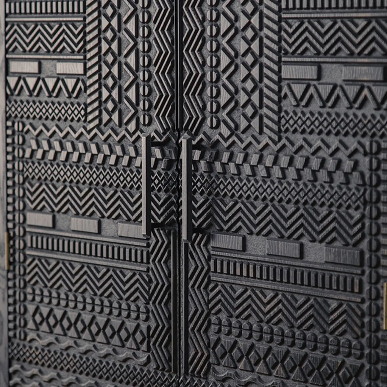 Artistic Pattern Wood Black Cabinet Sideboard in 3-Shelf