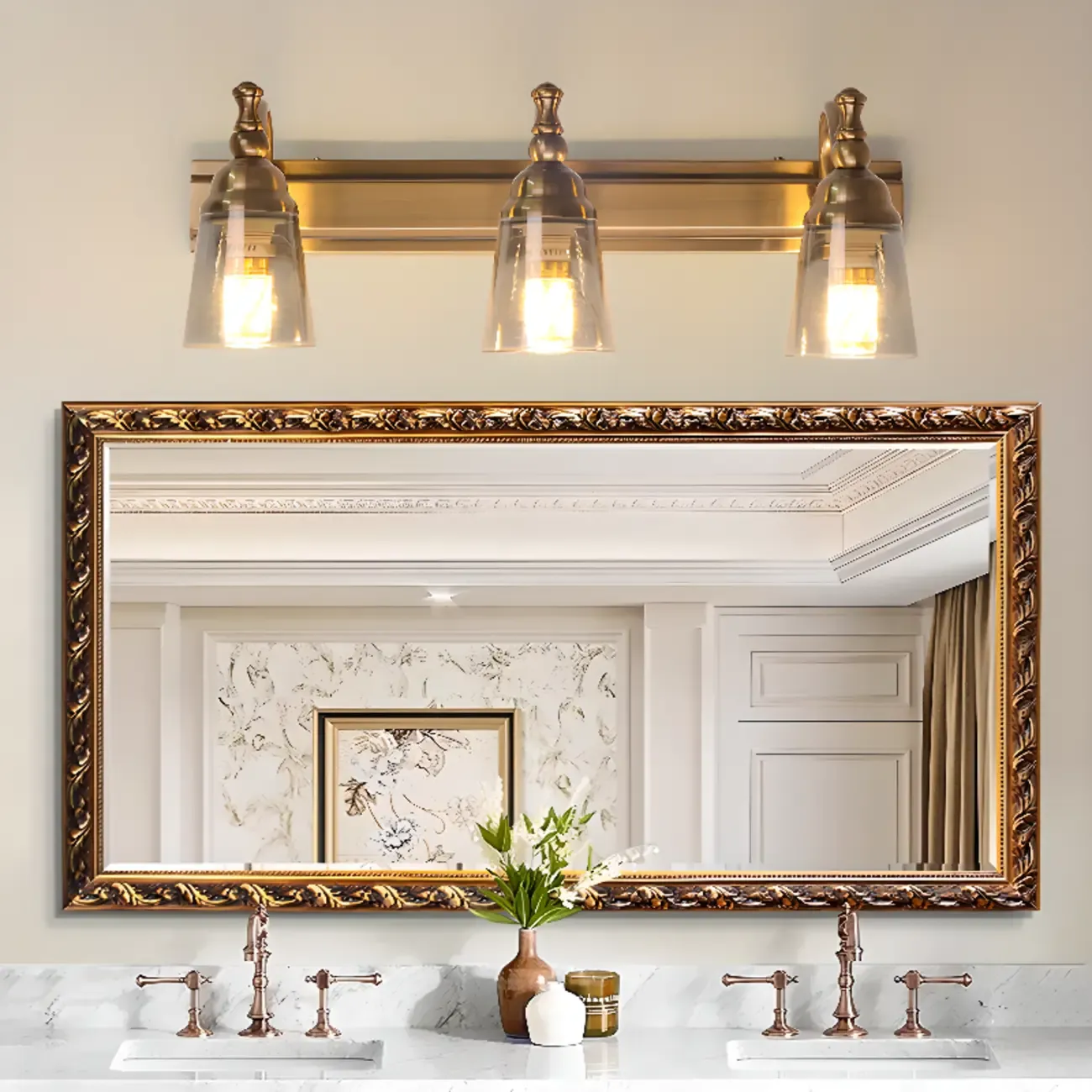 Elegant Brass Geometric Vanity Lamps Above Mirror