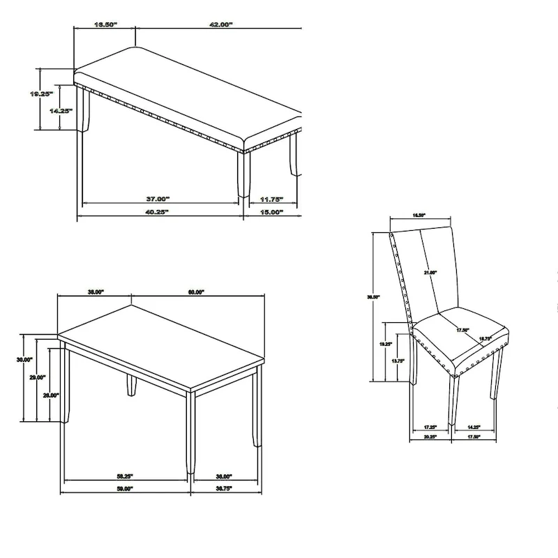 Drake 6 Piece Dining Table Set, 4 Chairs, Bench, Gray Fabric, Black Wood