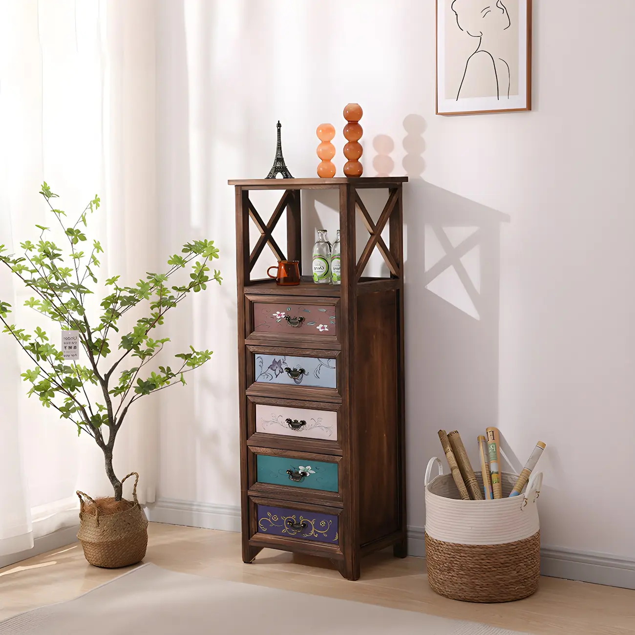 Industrial Rectangular Brown Wooden Drawer Cabinet