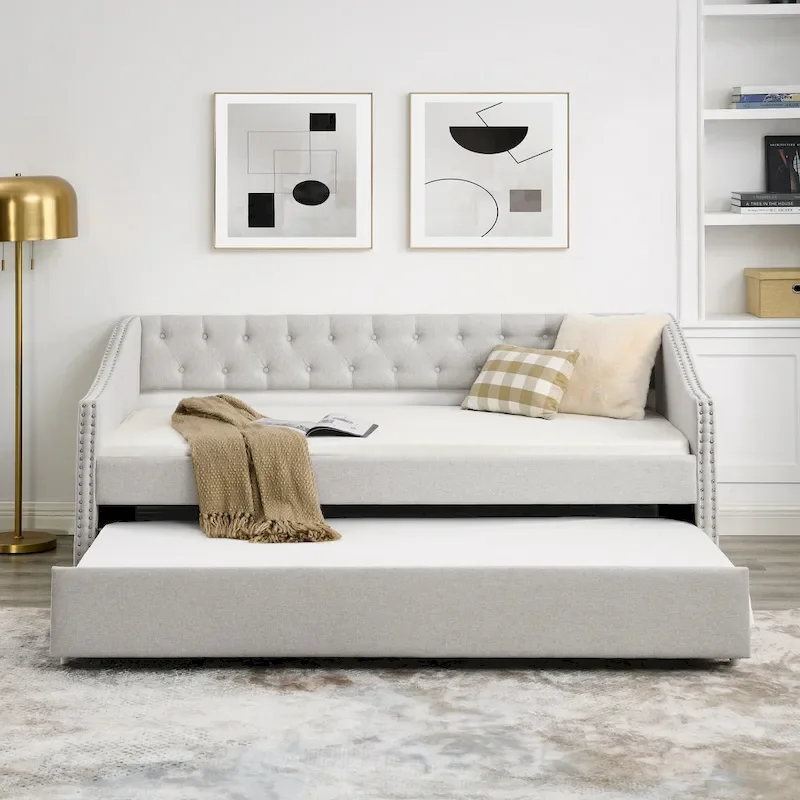 Upholstered Daybed Frame with Trundle & Tufted Backrest