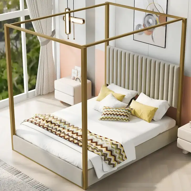 Queen Linen Canopy Bed with Headboard and Metal Frame