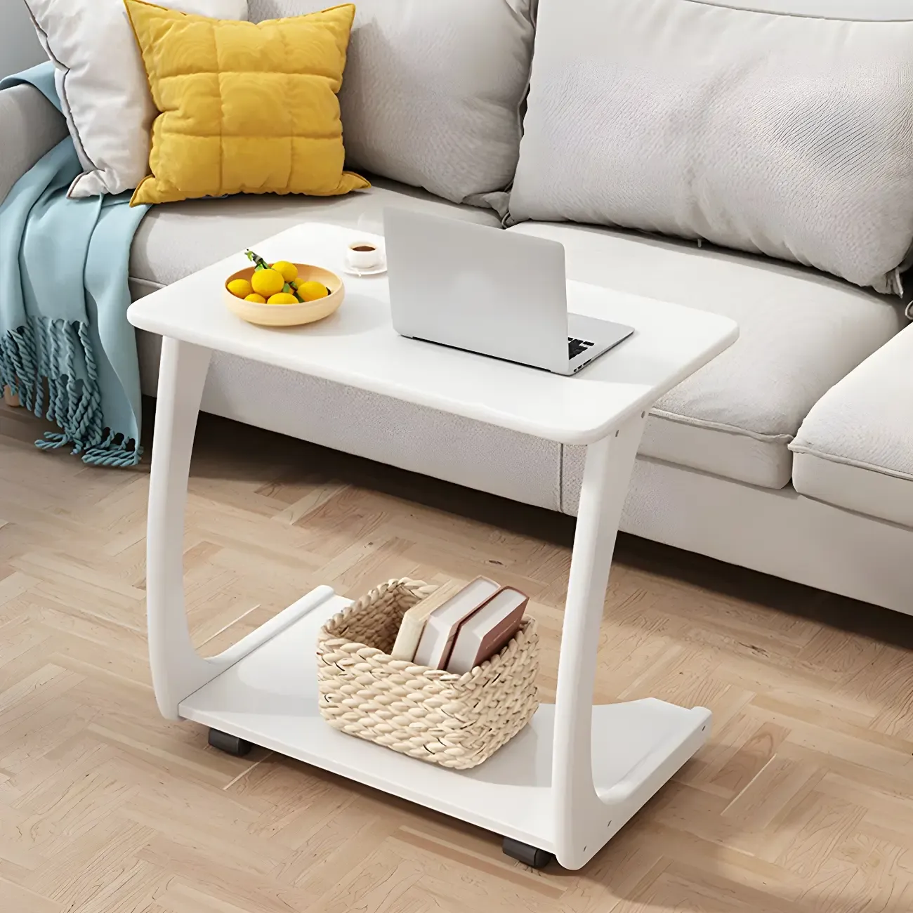 Walnut C-Shaped Side Table With Casters