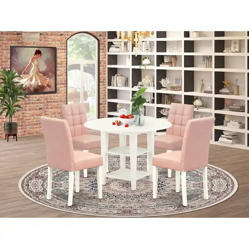 East West Furniture Dining Table Set Contains a Round Dining Table and Chairs, Linen White (Pieces Options)